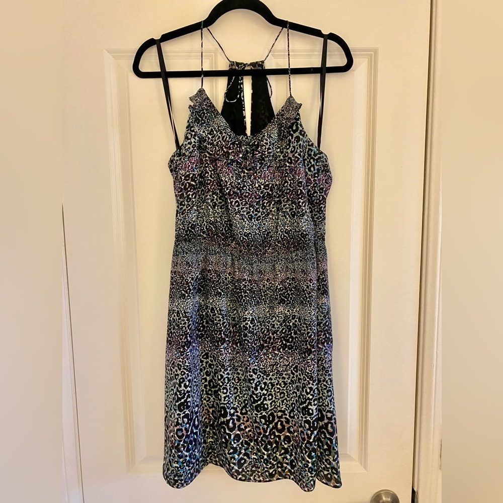 BCBGeneration Leopard Black Blue Purple Tie Halter Dress